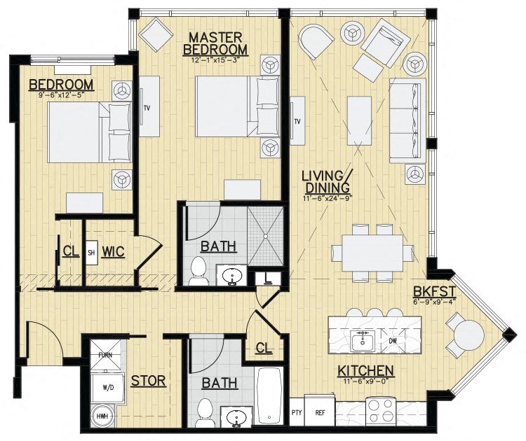 Floor plan for 2 beds, 2 baths, 1182 sqft